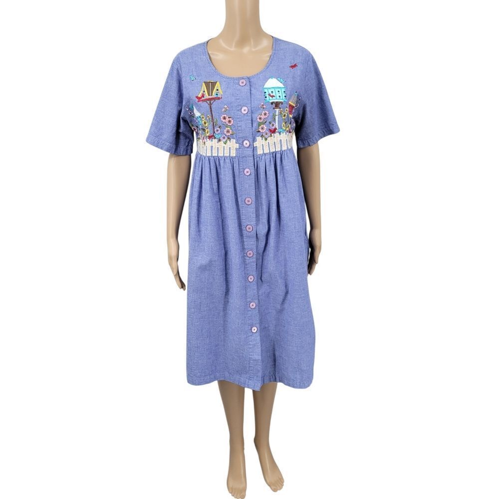 Bechamel Vintage Embroidered Flowers  Denim Chambray Button Up Mumu Dress Small